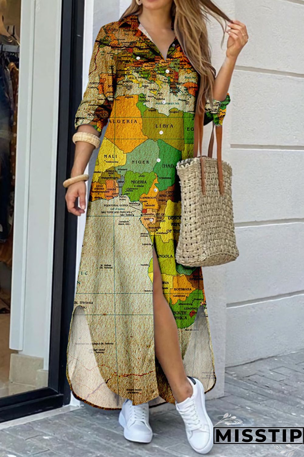 Lake Blue Casual Print Patchwork Buckle Turndown Collar Shirt Dress Dresses