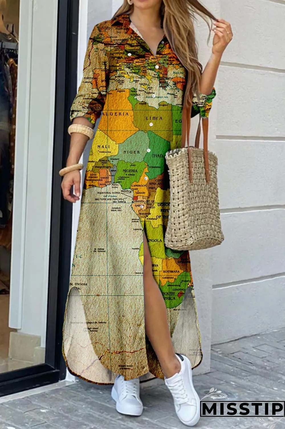 Lake Blue Casual Print Patchwork Buckle Turndown Collar Shirt Dress Dresses