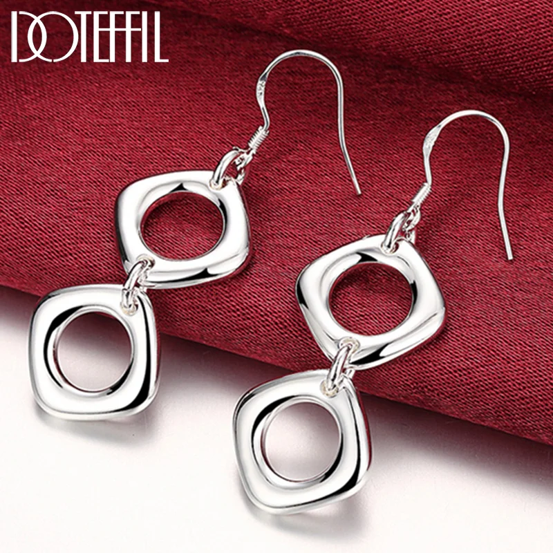 DOTEFFIL 925 Sterling Silver Square/Circle Drop Earrings For Woman Wedding Jewelry