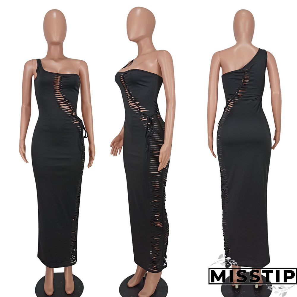 One Shoulder Sleeveless Cut Out Lace Up Maxi Dress