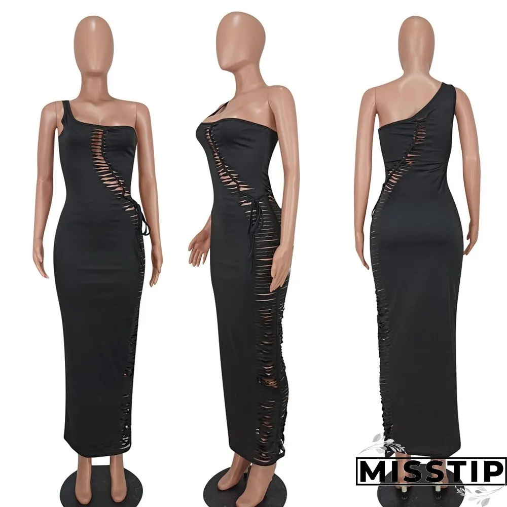 One Shoulder Sleeveless Cut Out Lace Up Maxi Dress