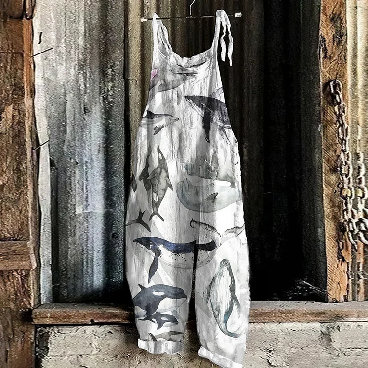 Retro Ocean Fish Shark Art Print Linen Loose Casual Jumpsuit