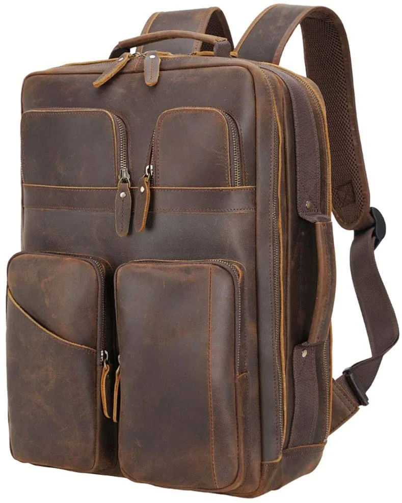17.3" Vintage Leather Laptop Backpack for Men Multi Pockets Casual School Daypack Travel Rucksack