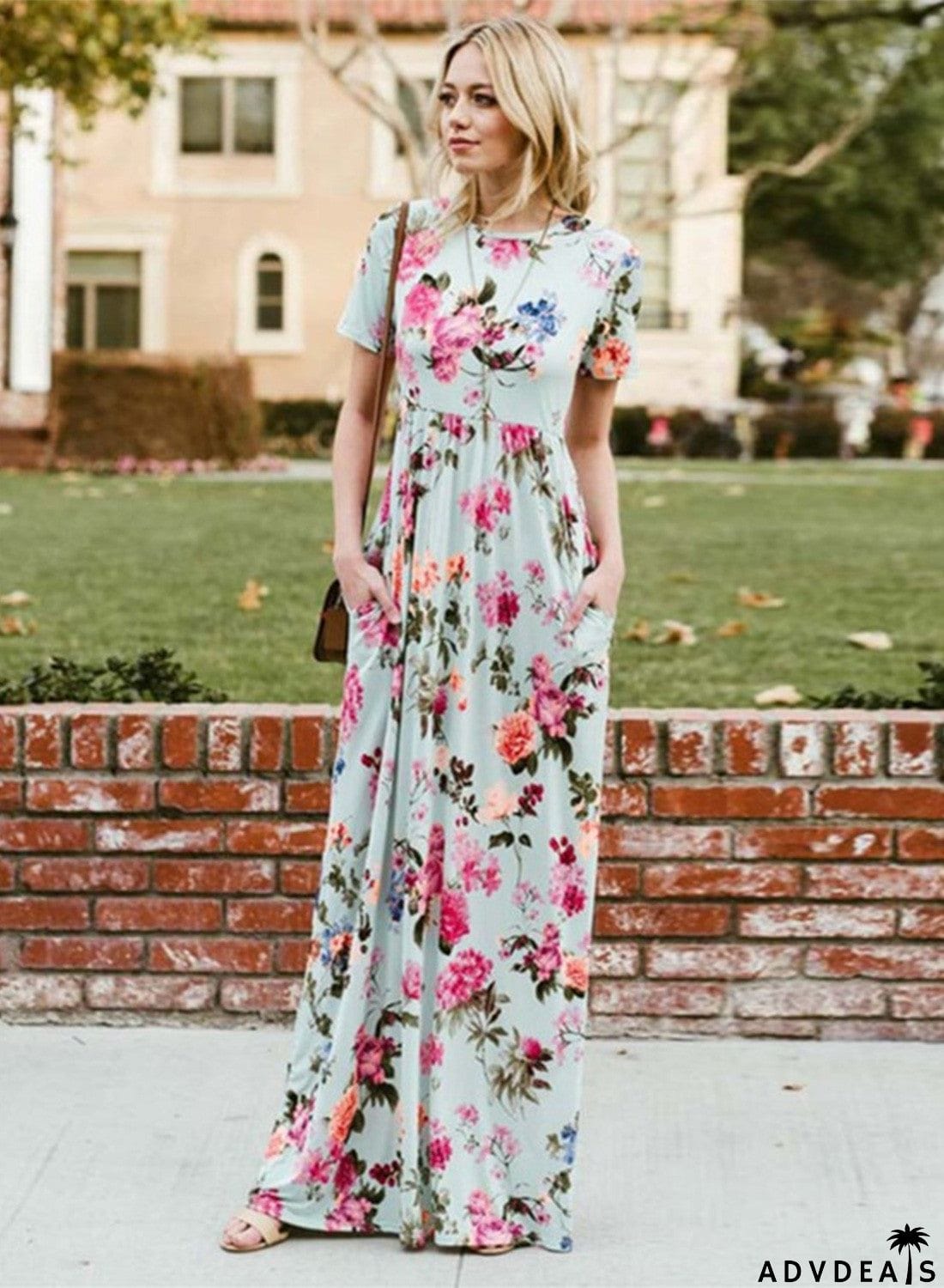 Floral Printed Short Sleeve Maxi Dress with Pockets