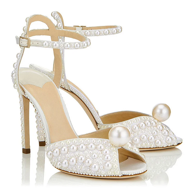 Elegant Pearl Embellished Peep Toe Stiletto Sandals - White shopify Stunahome.com
