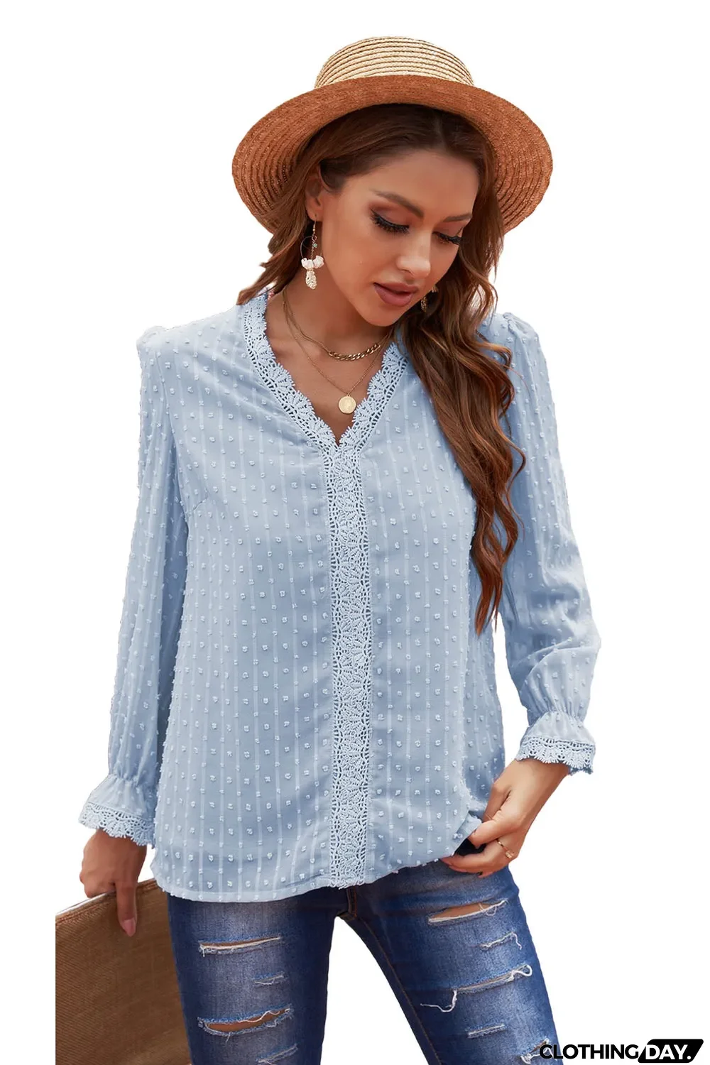 Elegant V-Neck Swiss Dot Lace Blouse