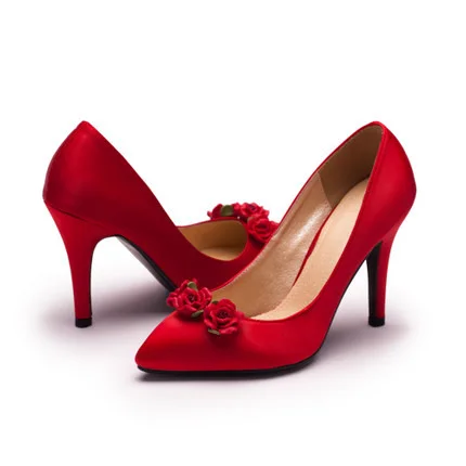 Red Floral Satin Stiletto Heel Wedding Pumps for Bridesmaid Vdcoo