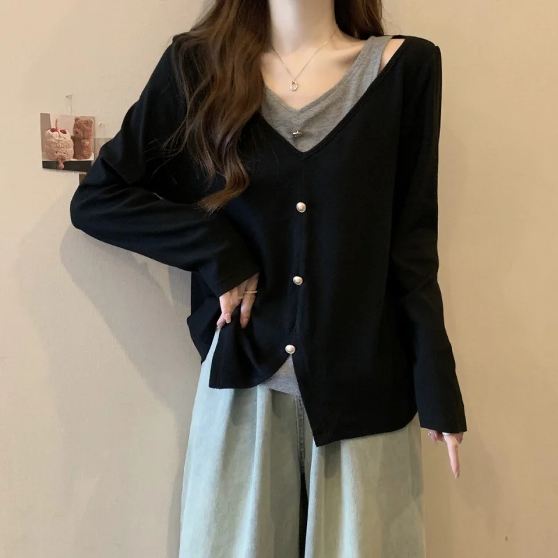 Colourp Colourp Size Fat Mm Cover Belly Autumn Women's T-Shirt Inside The Design Feeling False Two Long Sleeve Bottom Shirt Cover Flesh Show Thin Top