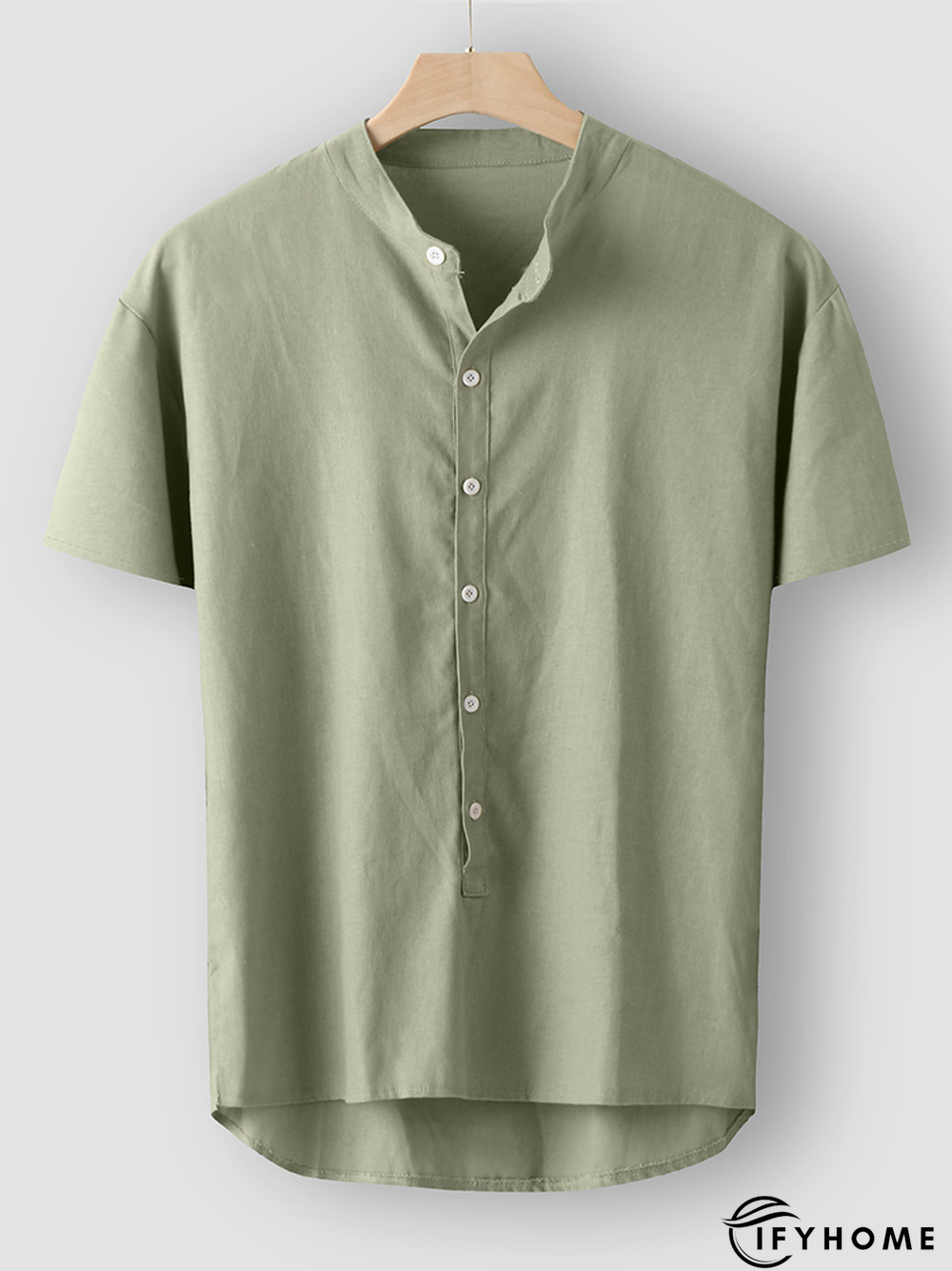 Men's Cotton Linen Style Half Placket Stand Collar Short Sleeve Shirt | IFYHOME