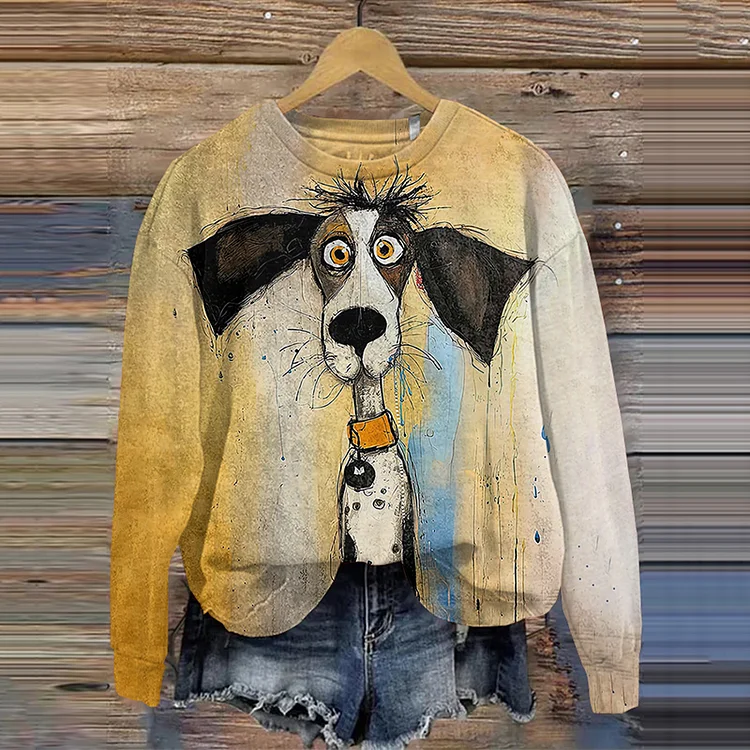 Comstylish Cute Dog Art Crew Neck Casual Sweatshirt