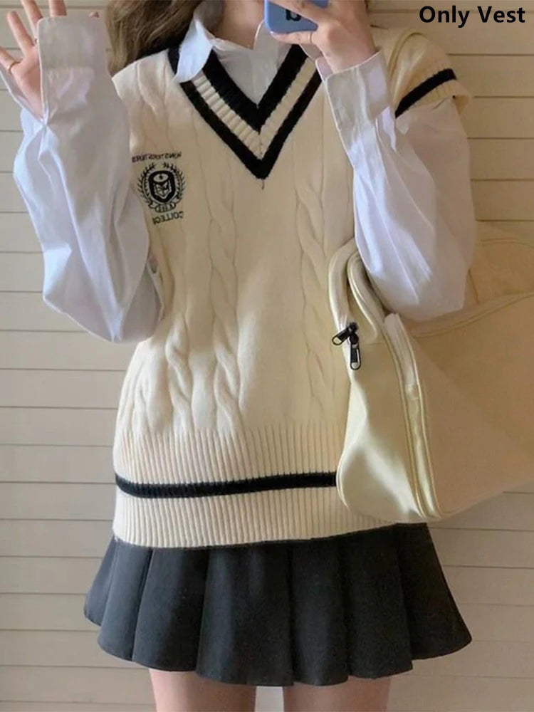 OLCooL 2024 Fall Fashion Preppy Style Knitted Sweater Vest Women V-neck Sleeveless Pullovers Korean Fashion Casual Jumper Spring Autumn All-match Tops olcool