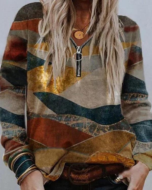 Color Block Print Zipper V-Neck Blouses