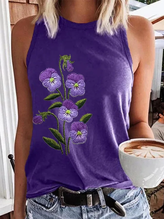 Women's Purple Flower Alzheimer's Awareness Support Printed Casual Vest socialshop