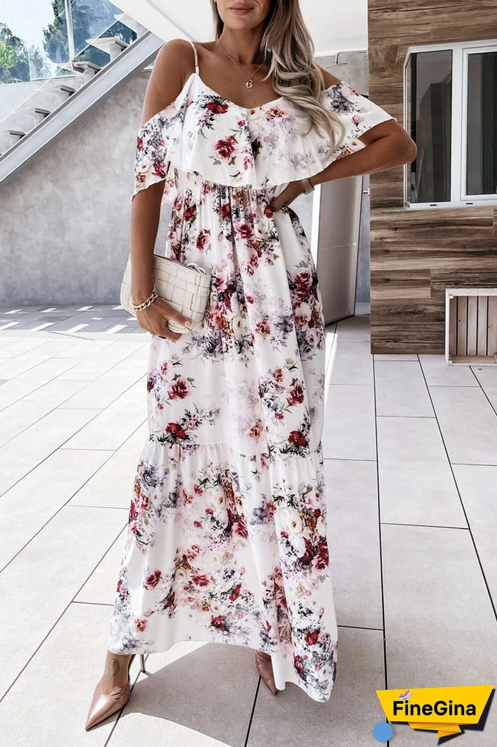 White Floral Off Shoulder Maxi Dress