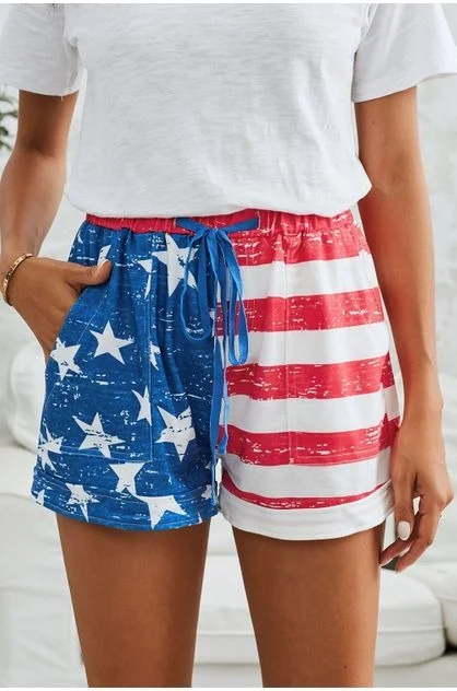 American Flag Drawstring Casual Elastic Waist Shorts