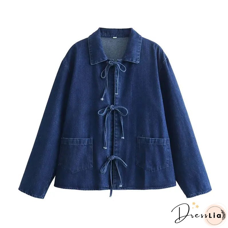 Women Fashion Lapel Collar Lace Up Blouses Female Casual Long Sleeves With Pockets Solid Denim Outerwear