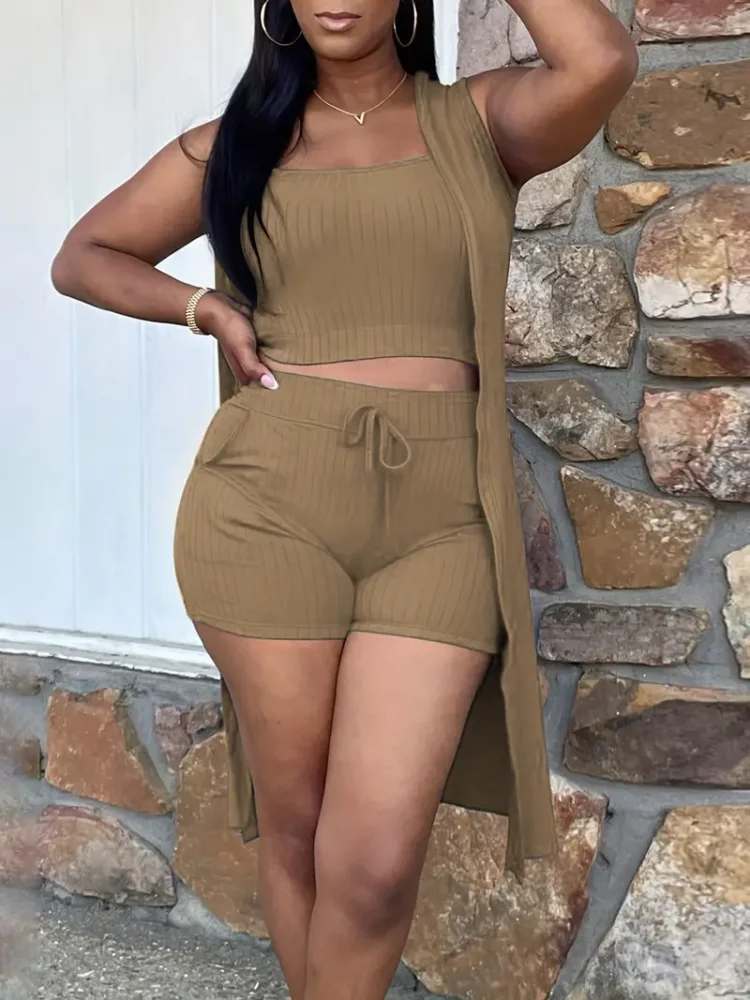 3 Piece Rib-Knit Top & Shorts & Cardigan Set