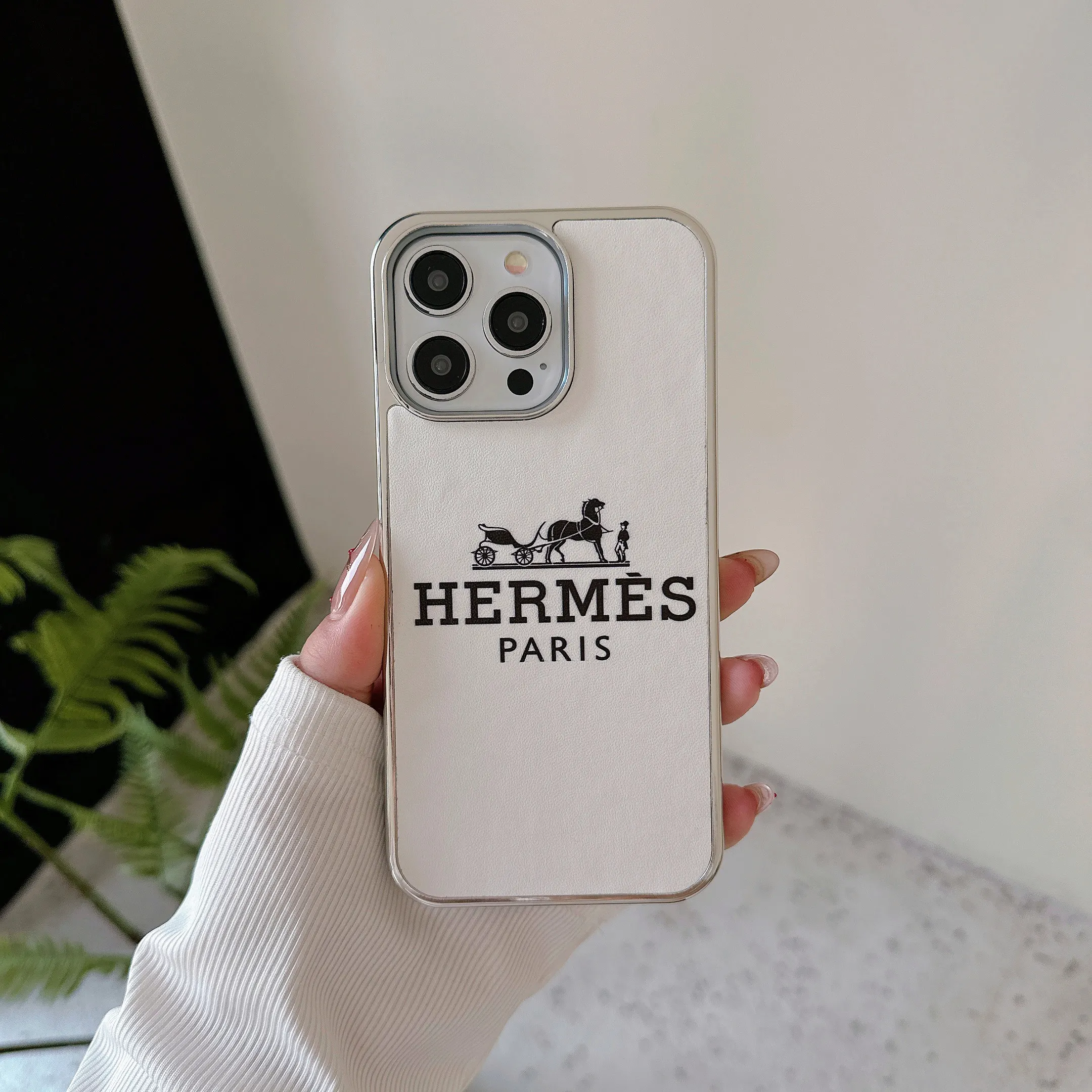 Herm&egrave;s High Quality Electroplated Frame Leather Apple iPhone Case