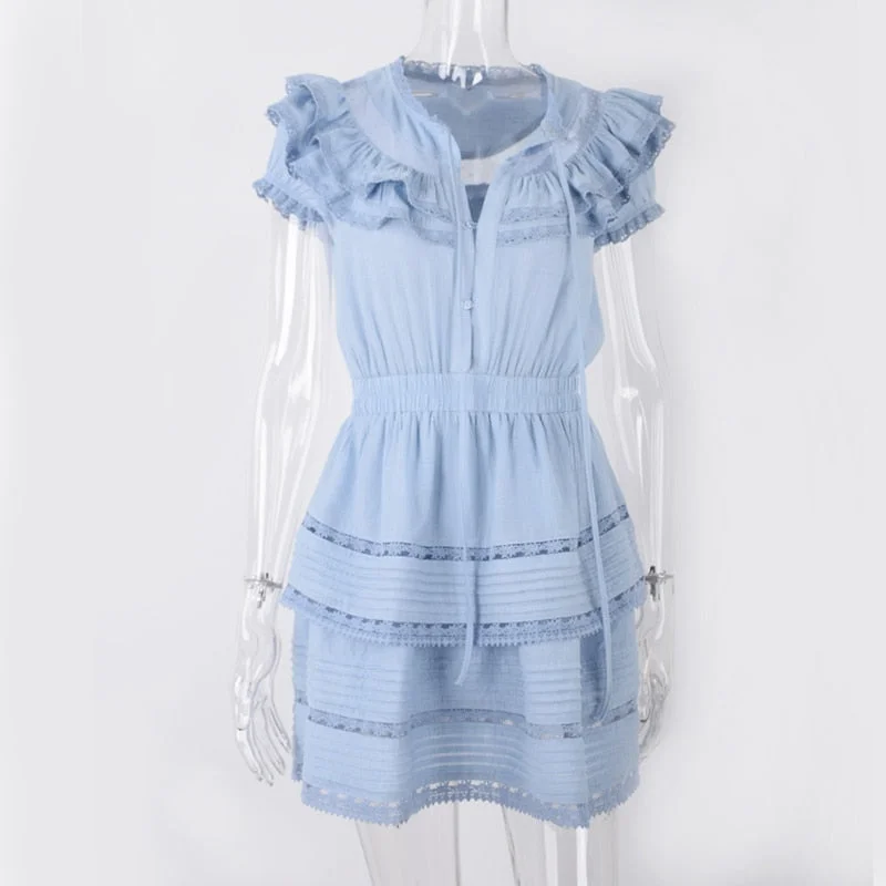 OOTN Casual Ruffle Mini Dress Women Lace Up A Line Dress Pink Vintage Style Female Short Sleeve Dresses O Neck Spring Summer