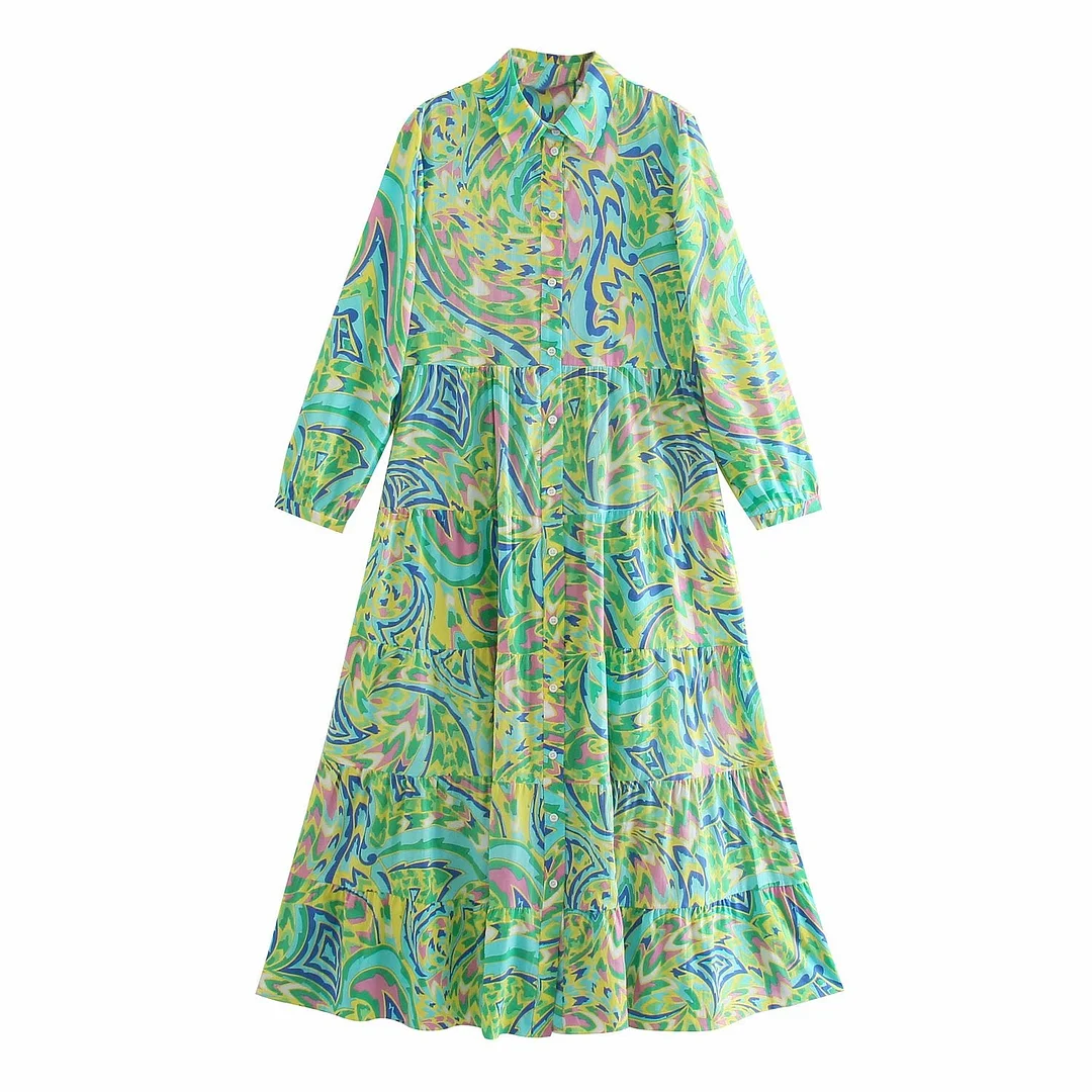 Zevity Women Vintage Totem Floral Print Pleats Shirt Dress Female Single Breasted Graffiti Vestido Chic A Line Midi Dress DS8376