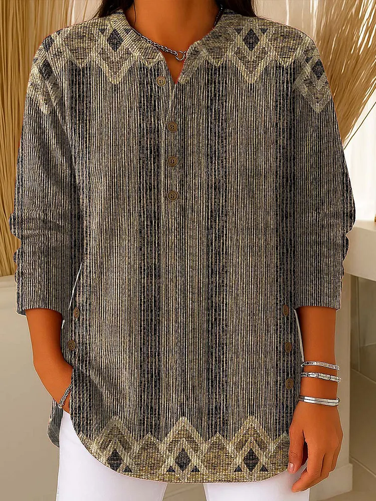 Women's  Vintage Abstract Geometric Art Print Casual Cotton Shirt