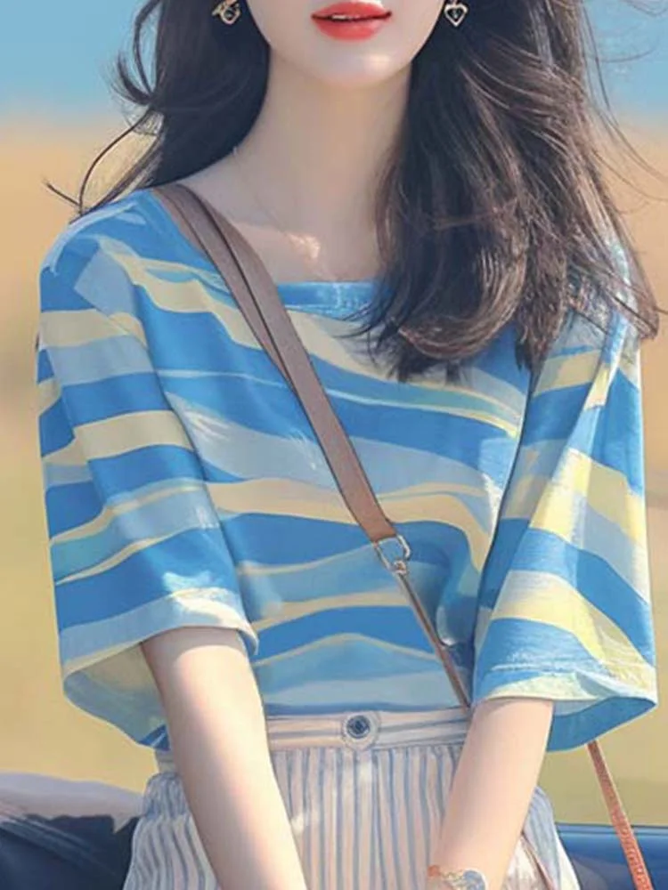 Athvotar Athvotar Korean Chic Oceanous Special To Beautiful Blouse Loose And Thin Blue Striped T-Shirts