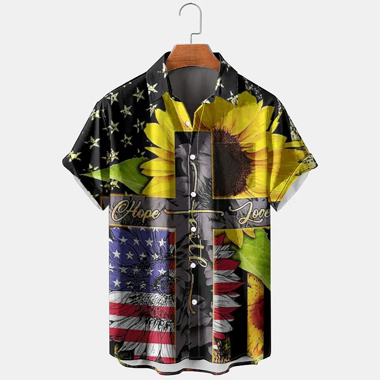 BrosWear Men'S American Flag Peace Print Short Sleeve Plus Size Shirt
