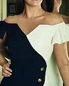 V Cut Color Block Button Detail Wrap Dress