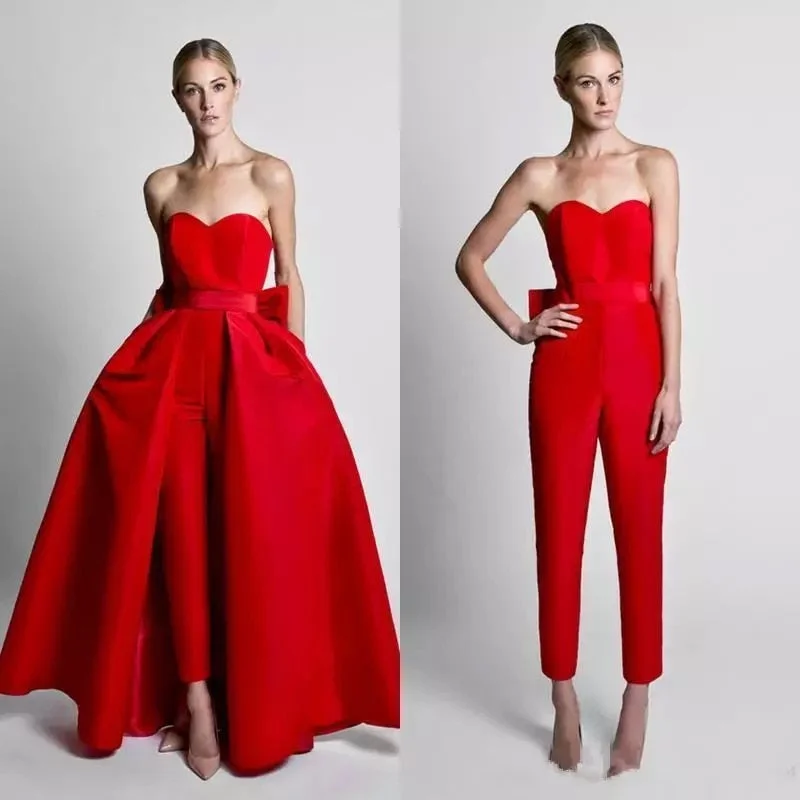 Red Jumpsuit Evening Dresses With Detachable Skirt 2022 Sweetheart Formal Pants Suit Prom Party Gown With Bow Sleeveless