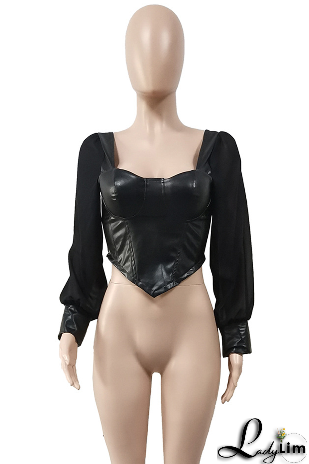 Black Sexy Solid Split Joint Square Collar Tops