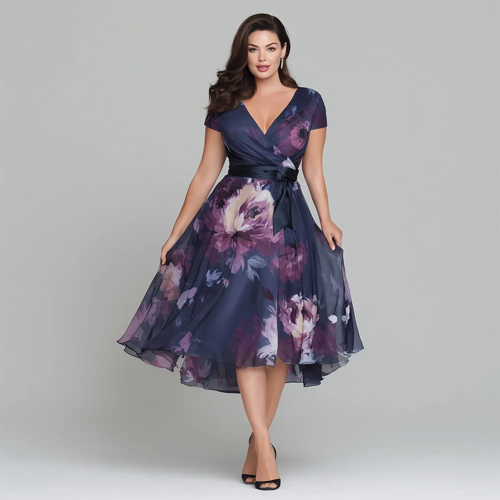 plus size wrap dress for wedding guest Curvy Dresses Fall Wedding Guest Dresses Plus Size Wrap Neck Ruffles Sleeve Velvet One Nikki Curve Gown | Plus
