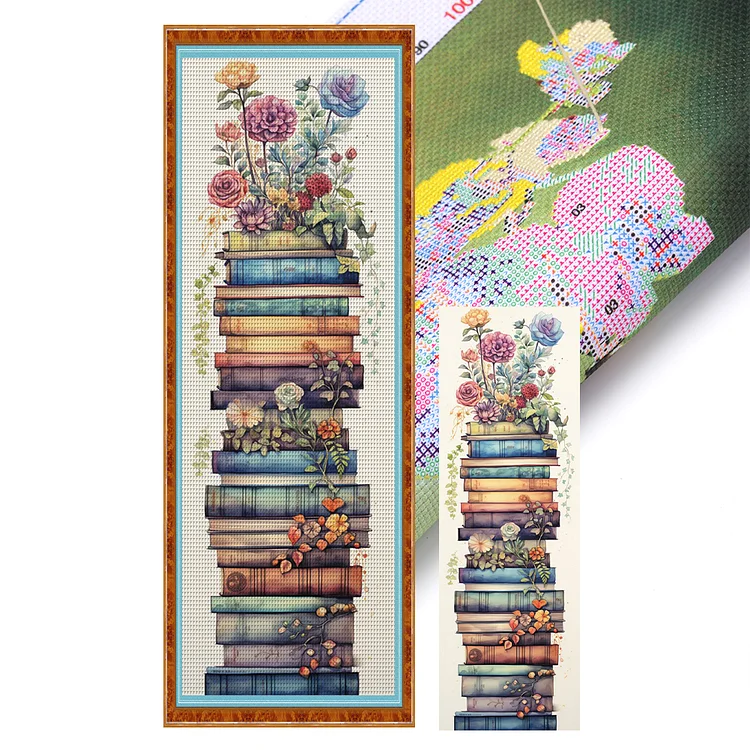 Stack Of Books With Flowers 11CT (30*80CM) Stamped Cross Stitch gbfke