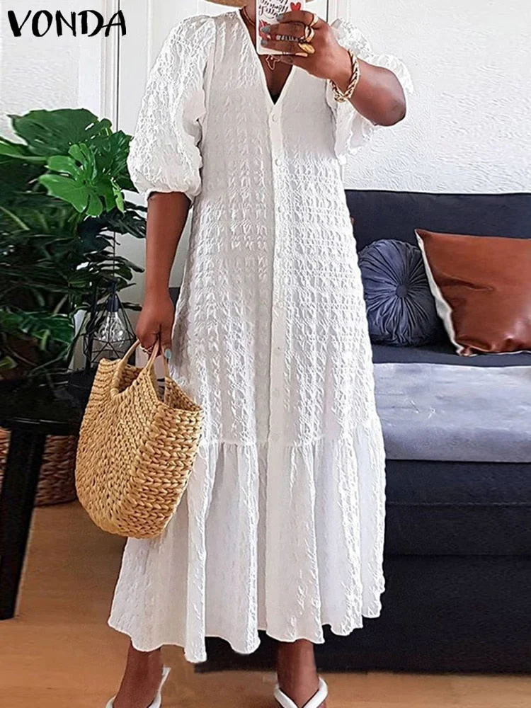 VONDA 2022 Summer Women Shirt Dress Sexy V Neck Button Half Sleeve Long Dresses Bohemian Vestidos Plus Size 5XL Elegant Robes