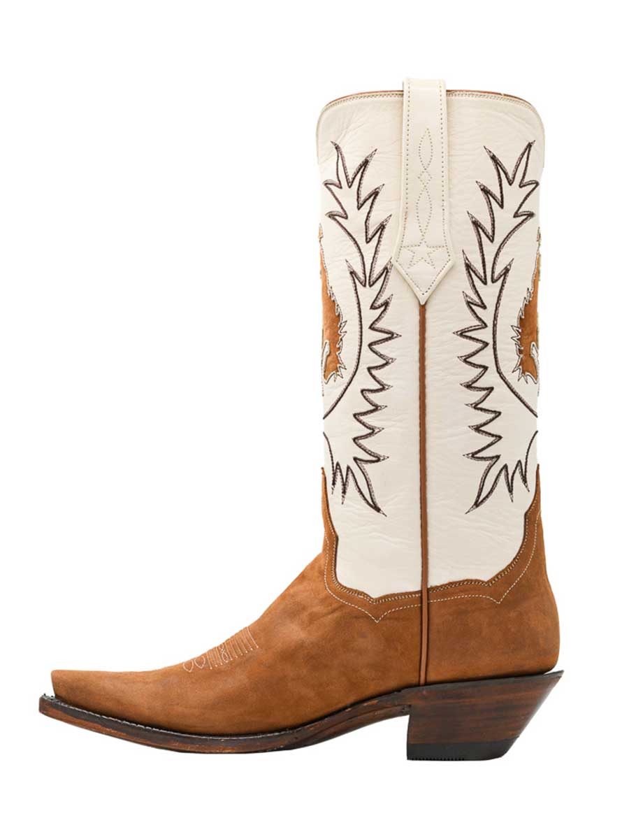 Brown & White Snip Toe Chunky Heel Embroidered Cowgirl Boots for Women