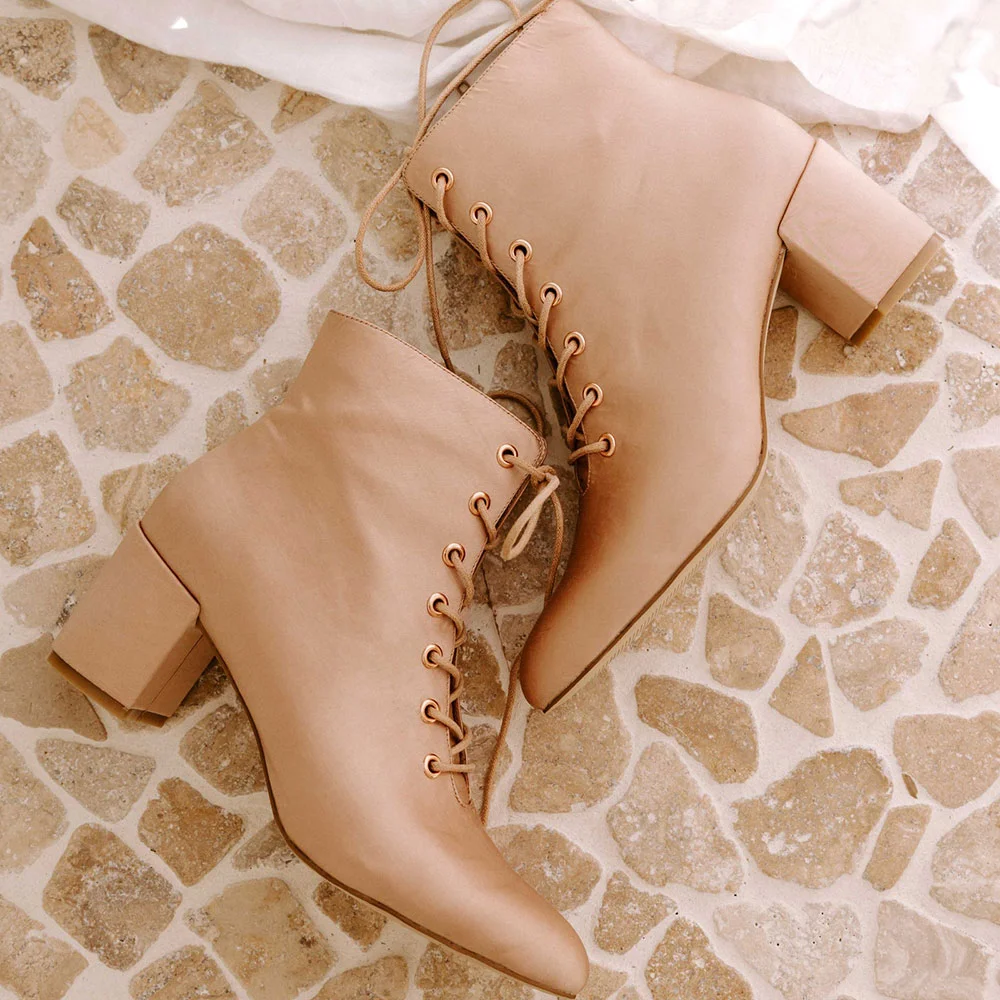 Beige Vegan Leather Pointed Toe Lace-Up Ankle Boots With Chunky Heels Nicepairs