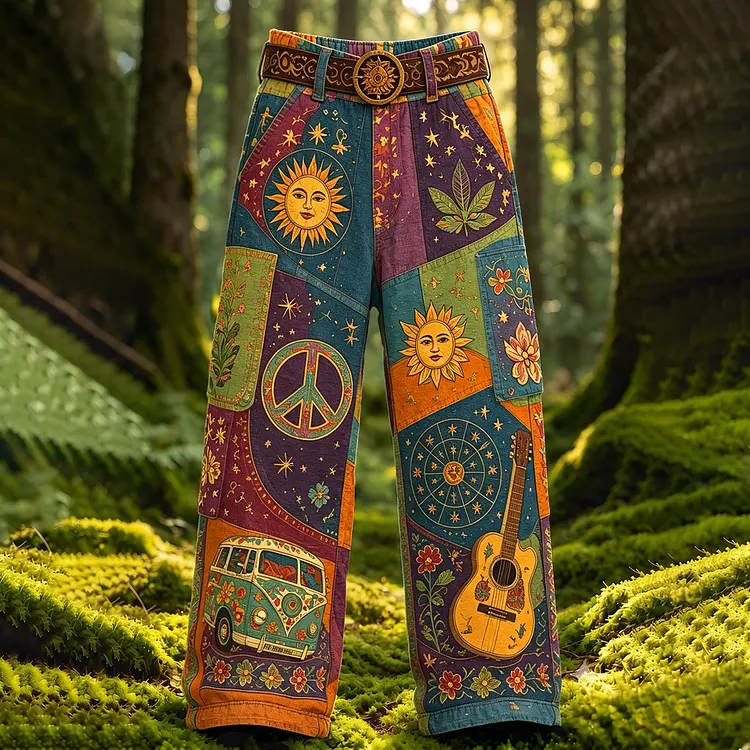 Men's Hippie Music Color Patchwork Print Casual Pants（no Belt）