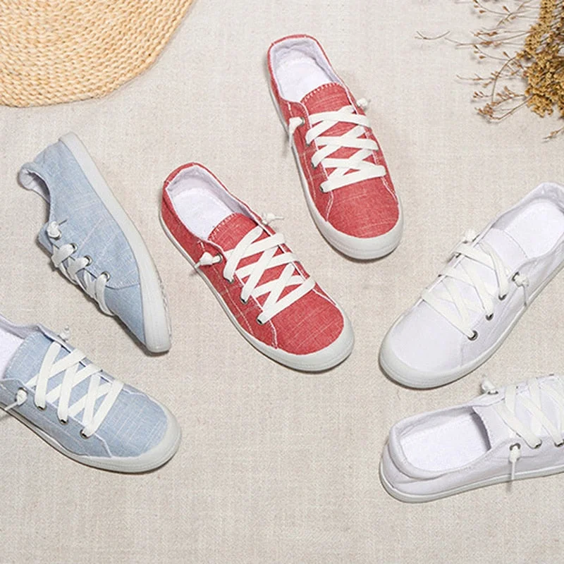 Trendy Canvas Vulcanize Sneakers Casual Flat Heel Soft Fabric Slip on Lazy Handmade Sewing Lightweight Leisure Street Shoes Girl