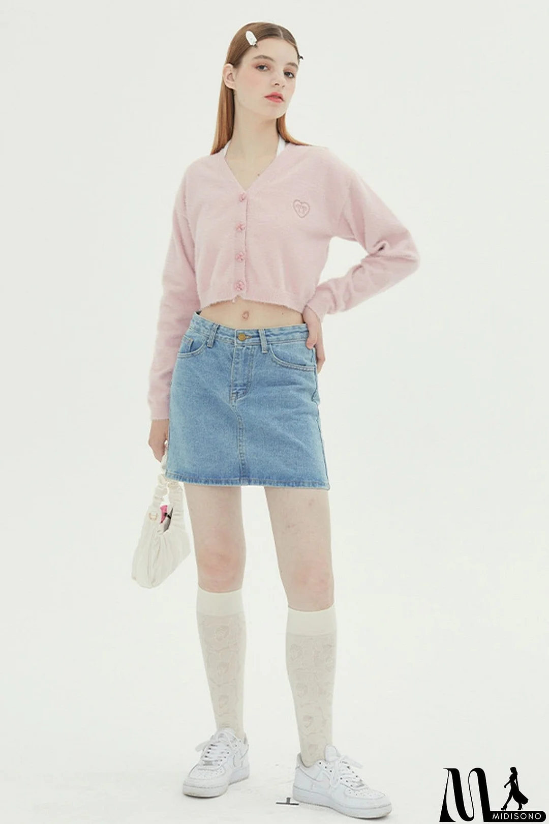 MidiSono - V Neck Solid Color Cardigan