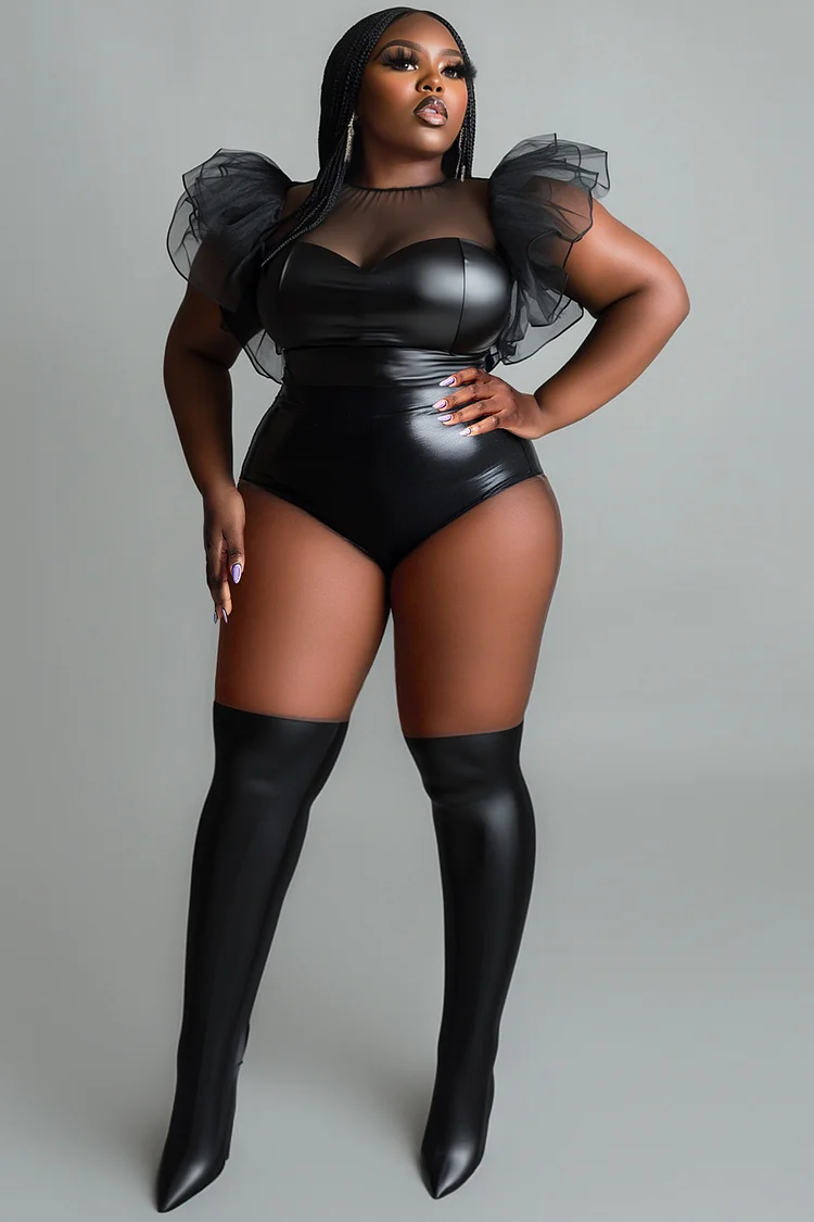 Xpluswear Design Plus Size Daily Black Round Neck Flutter Sleeve See Through Ruffle Tulle PU Leather Bodysuits [Pre-Order]