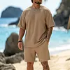 Men's Casual Waffle-Knit Crew Neck T-Shirt And Shorts Set by Inlyline