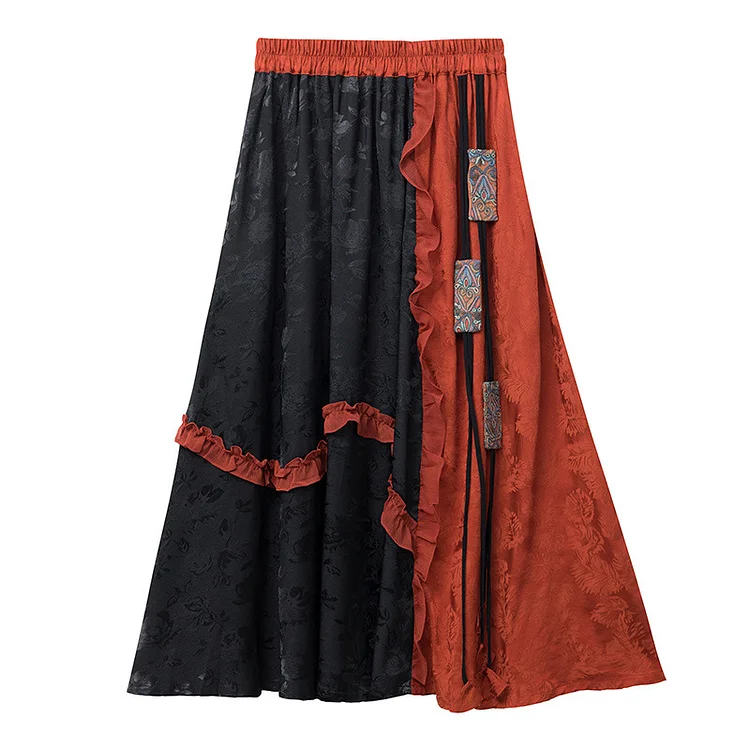Ethnic Style Color Blocking Tassel Elastic Waist Skirt - yankia