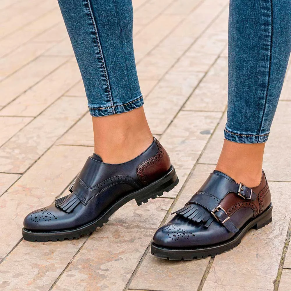 Navy Vegan Leather Round Toe Fringe Buckle Formal Oxford Shoes     Nicepairs