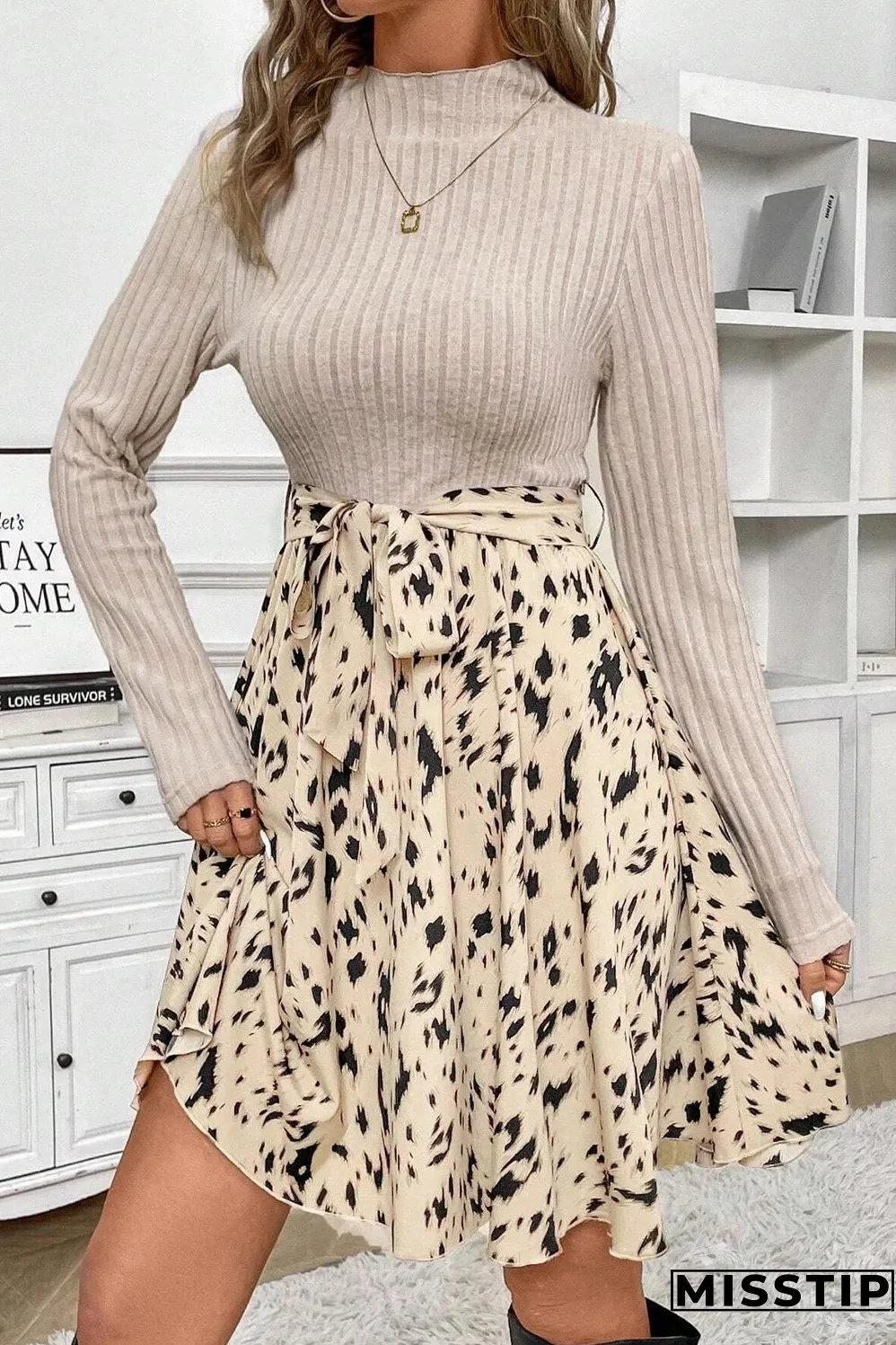 Tied Printed Mock Neck Long Sleeve Dress