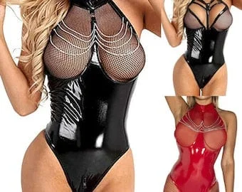 pornhint Pornhint New! Ladies Faux Leather WET LOOK Crotch less Bodysuit SM Cosplay Lingerie, Pvc Latex Catsuit, Leather Thong Bodysuit, Zipper Corset