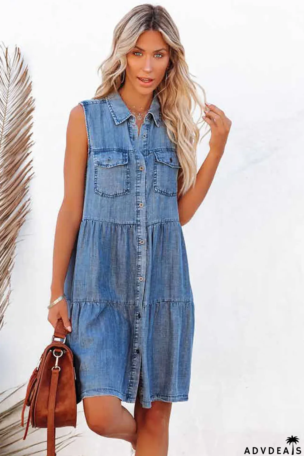 Sky Blue Flap Pockets Button up Sleeveless Denim Dress