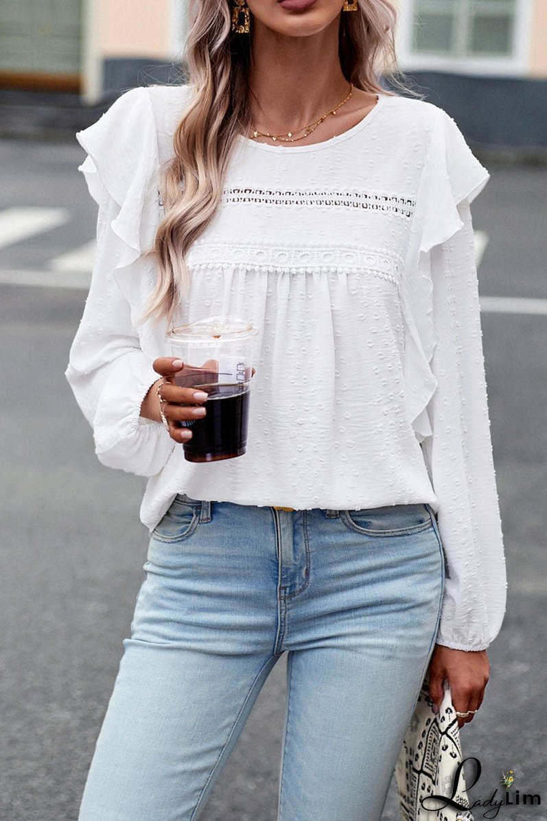 Long Sleeve Ruffle Round Neck Casual Tops