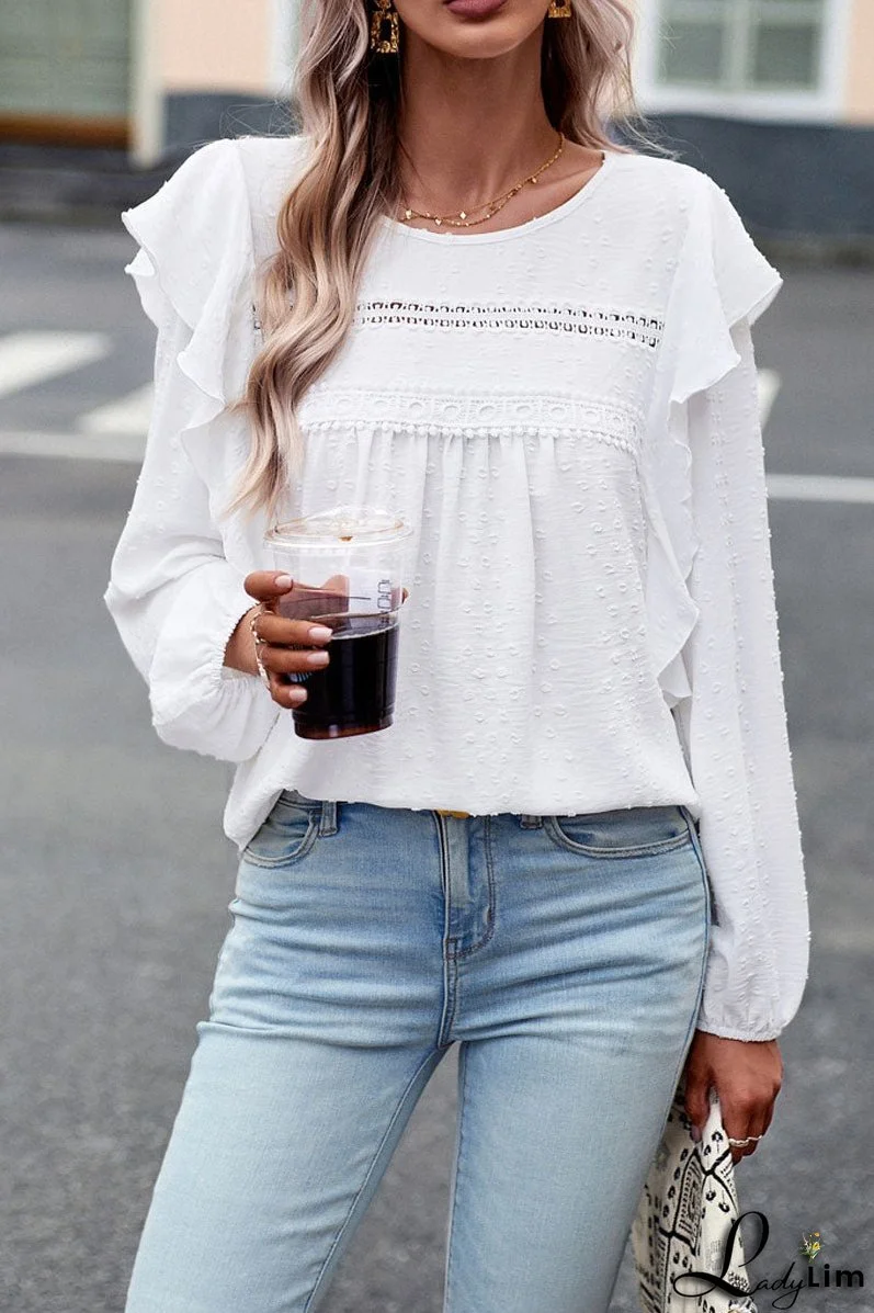 Long Sleeve Ruffle Round Neck Casual Tops
