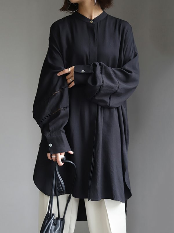 Casual Solid Color Split-Side Buttoned Stand Collar Hollow Puff Sleeves Midi Shirt Dress