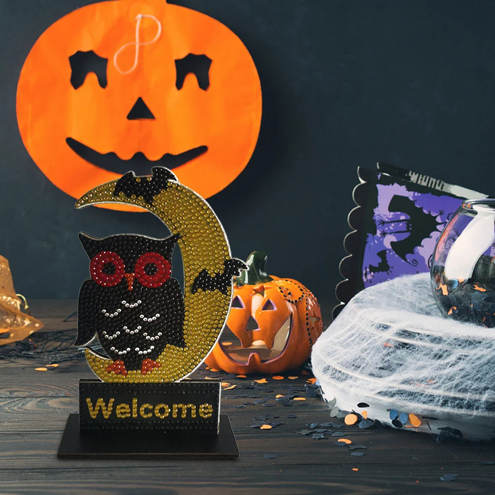 Halloween Wooden Spot Diamond Decoration Moon Owl (Single-sided Crystal Diamond)