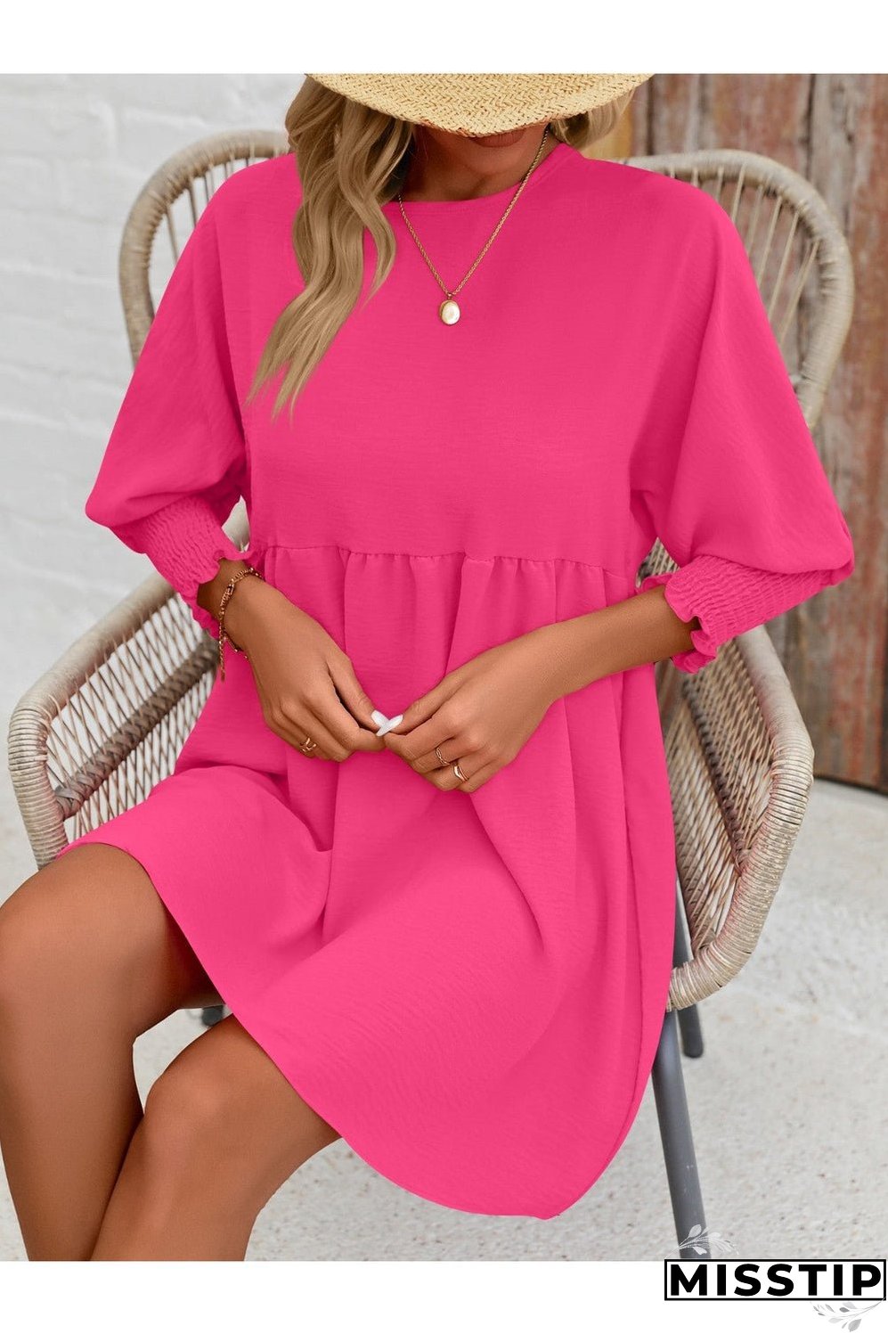 Round Neck Lantern Sleeve Mini Dress